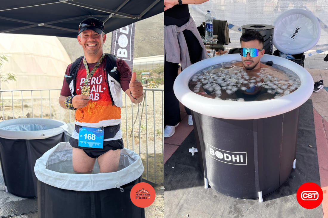 Corredor de trail recuperándose en una Bodhi Pool con baño de hielo y atleta de crosstraining sumergido tras competición en Castellón Throwdown.